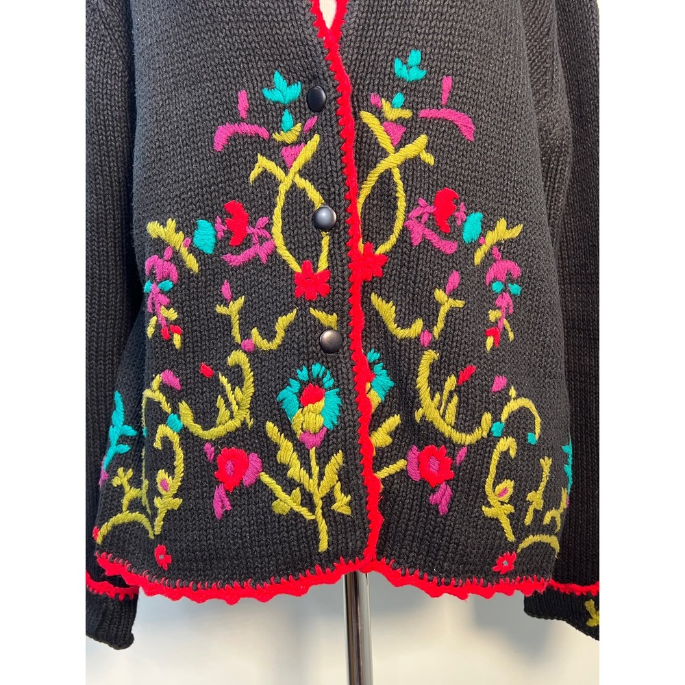 Vtg Cardigan Sweater Medium Black Floral Crewel Embroidered Crochet Cottagecore View 2